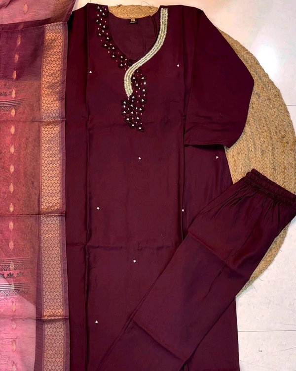 Hand work Kurtas for functions Kurti + pant + dupata - Wine, M