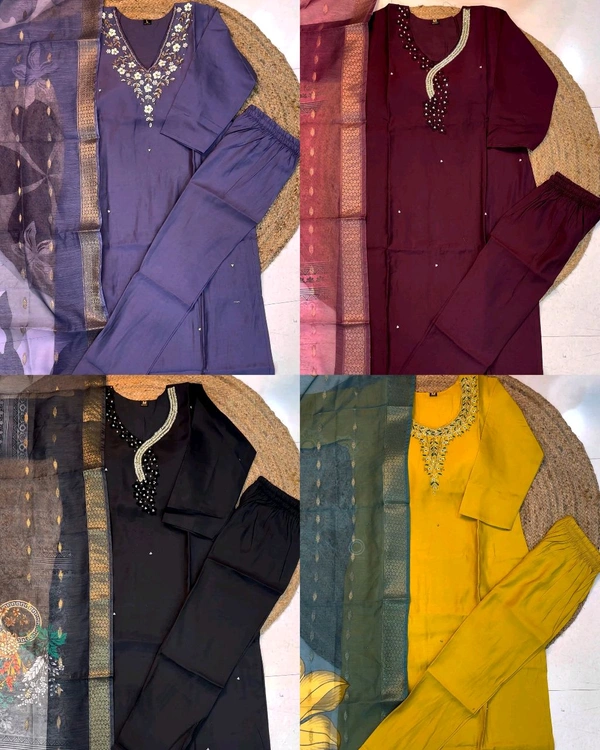 Hand work Kurtas for functions Kurti + pant + dupata - Wine, M