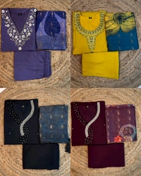 Hand work Kurtas for functions Kurti + pant + dupata - Wine, M
