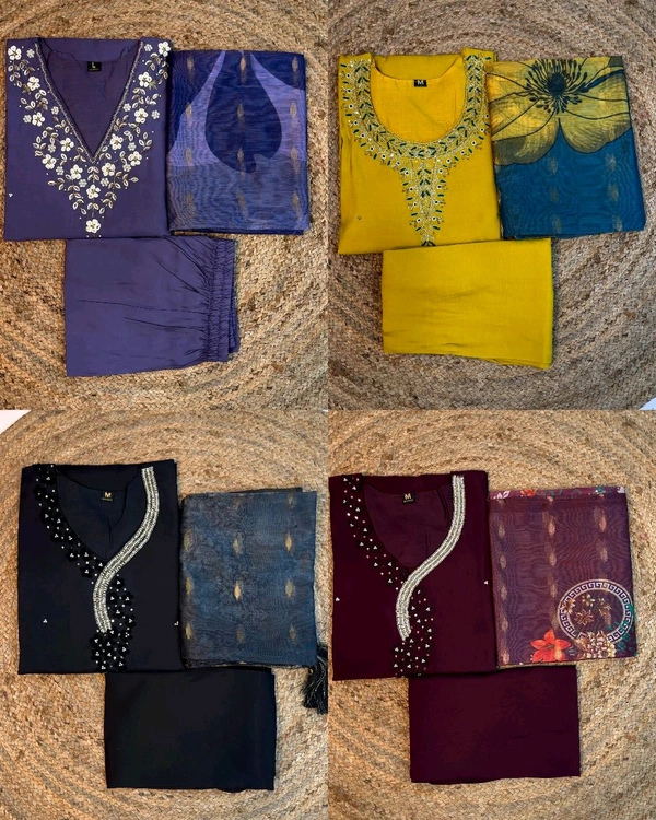Hand work Kurtas for functions Kurti + pant + dupata - Wine, M