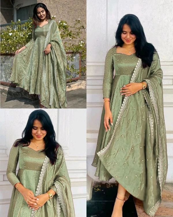 Launching New Party Wear Look Pur Twil Gold Net Anarkali Gown,Dupatta & Plazzo Set - Lite Green, Free Size