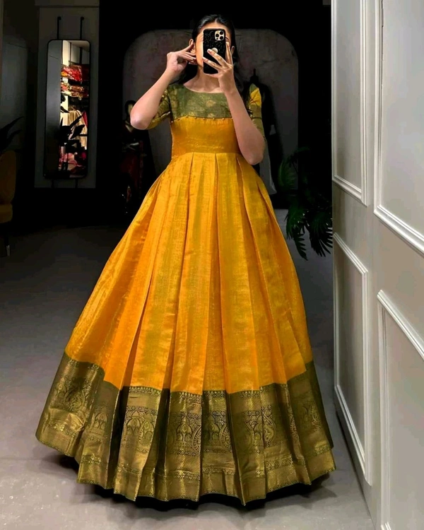 Kanjivaram Pure Silk Gown - Yellow, Free Size