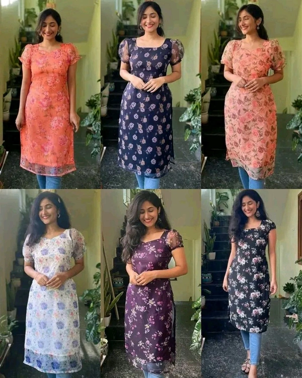 FLORAL PRINTED GEORGETTE STRAIGHT KURTIS - 2nd Navy Blue, 2XL