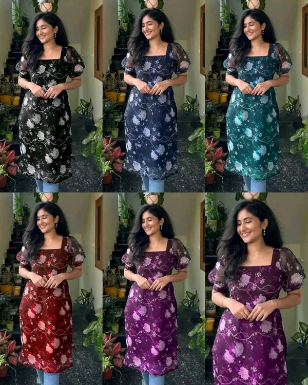 FLORAL PRINTED GEORGETTE STRAIGHT KURTIS - Teal, 6XL