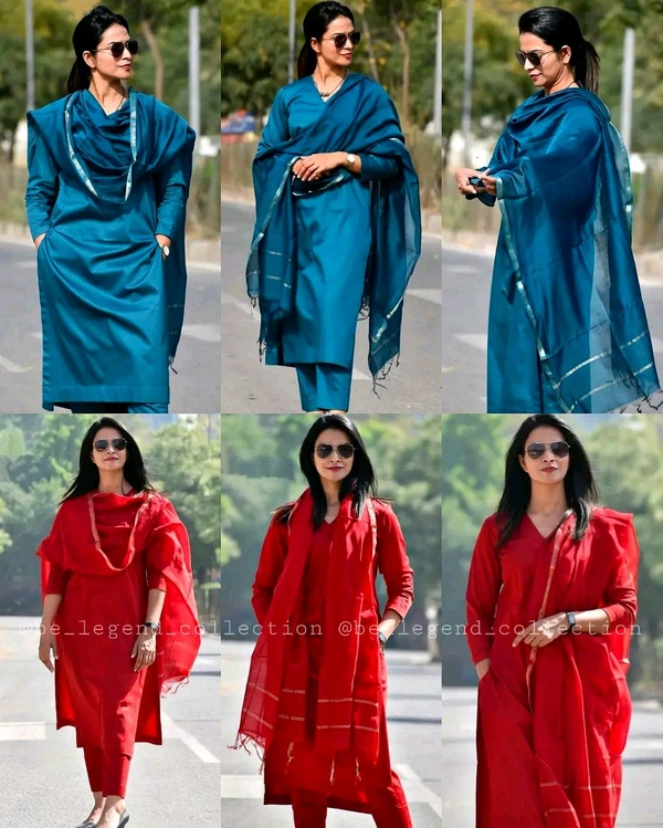 Trendy kurti and pant set With Dupatta   - Red, S