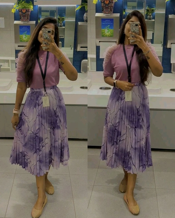 Trendy Stylish Puff Sleeves & Marble Elegance Masterpiece Skirt Combo - Purple Combo, S