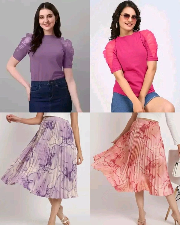 Trendy Stylish Puff Sleeves & Marble Elegance Masterpiece Skirt Combo - Rose & Peach, S