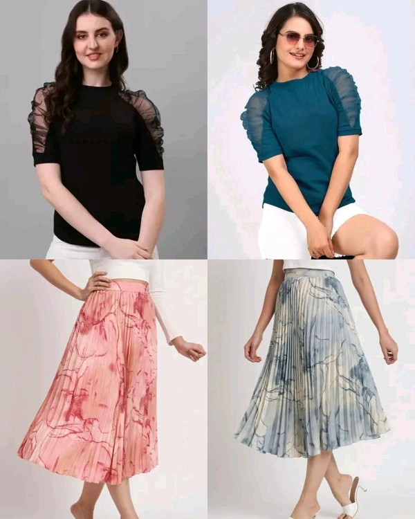 Trendy Stylish Puff Sleeves & Marble Elegance Masterpiece Skirt Combo - Teal & Blue, L