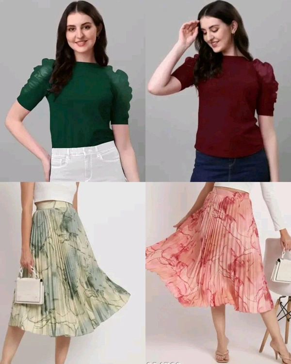 Trendy Stylish Puff Sleeves & Marble Elegance Masterpiece Skirt Combo - Green, M