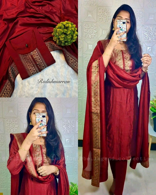 Stylish festival wear pure vichitra silk Kurti set with beautiful zari work lace yoke part and Dupatta - Guardsman Red, L