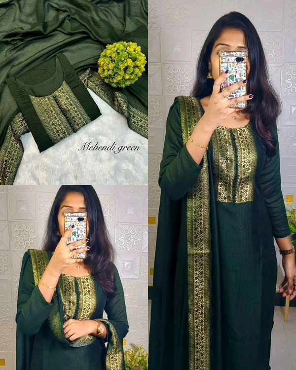 Stylish festival wear pure vichitra silk Kurti set with beautiful zari work lace yoke part and Dupatta - Mehendi Green, L