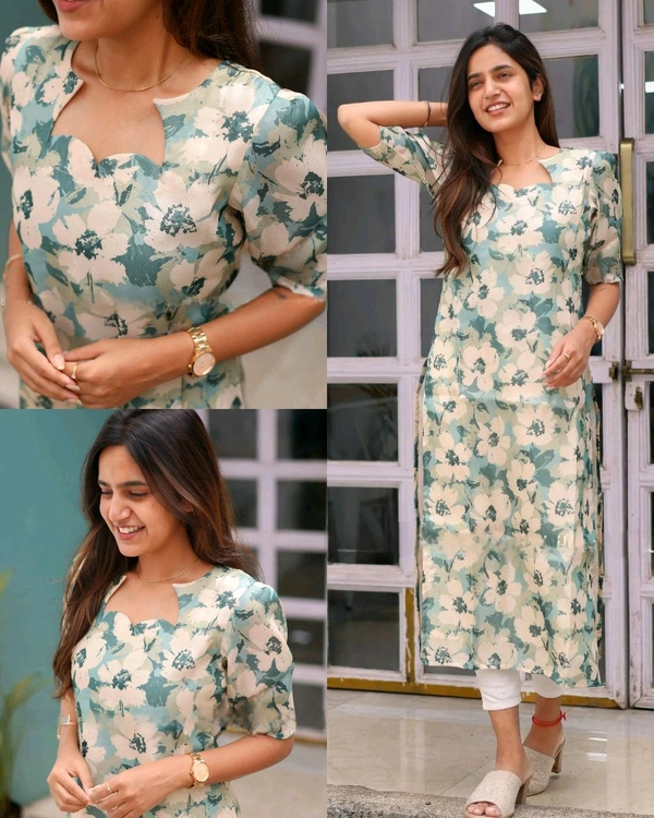 Pastel Green Tussar Kurti with Cream Blossom – Casual Wear - XL