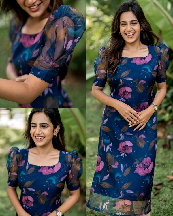 Blue Organza Floral Print Self Design Kurtis - S
