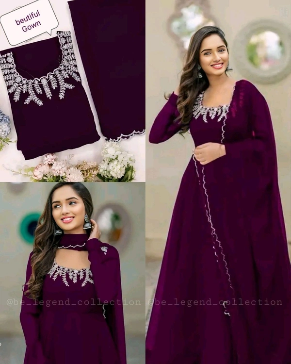 Nack line embroidery Georgette with work dupatta with lace - Purple, L