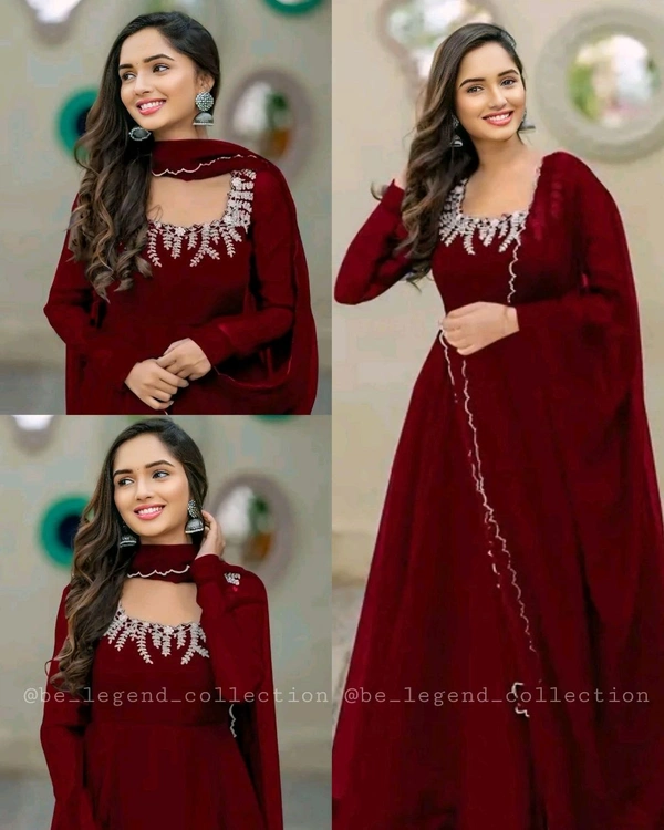 Nack line embroidery Georgette with work dupatta with lace - Maroon, M