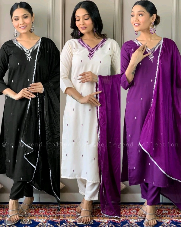 Trendy Design Women Embroidered Straight Kurta with Pants & Dupatta Set  - White and Purple, 2XL