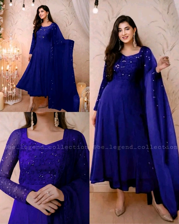 Lovely Women's Heavy Georgette Digital Floral Printed Gown and Dupatta - Blue, M