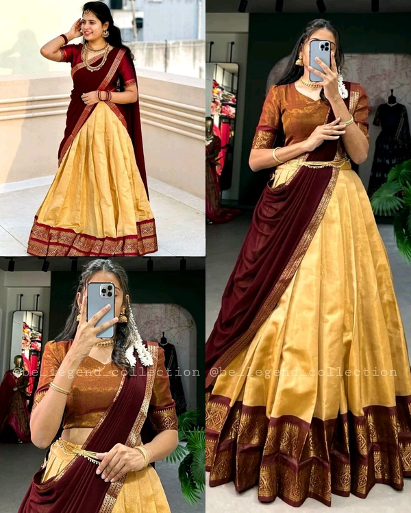 South Indian Traditional Half Saree - Cream, Un Stitched