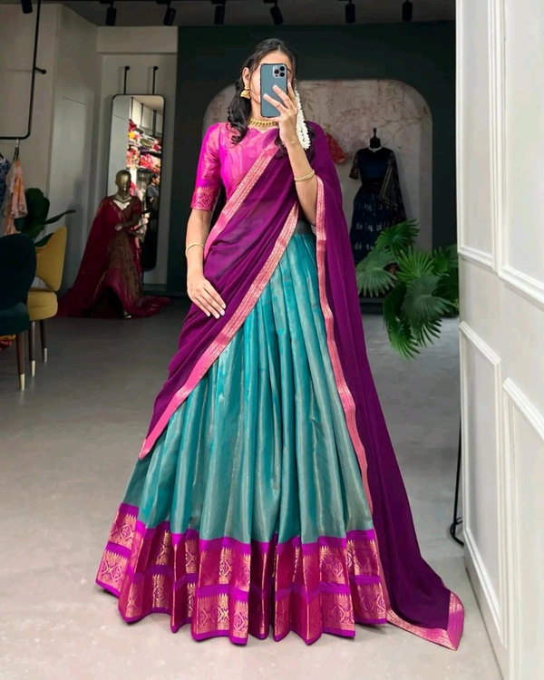 South Indian Traditional Half Saree - Teal, Un Stitched