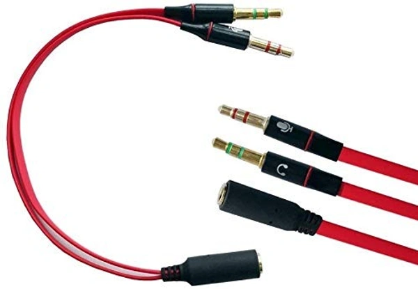 Gold Plated 2 Male to 1 Female 3.5mm Jack Headphone Earphone Audio Mic Y Splitter Cable for Pc Laptop (Red) - Red