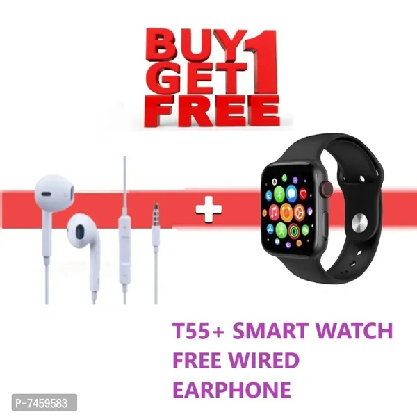 T55+ Smart Watch Buy 1 Get 1 Free Apple Earphone With Mic Bluetooth Calling Smart Watch Fitness Tracker, Heart amp; Oxygen Monitor Men Women Smart Watch Or Wired Headphone