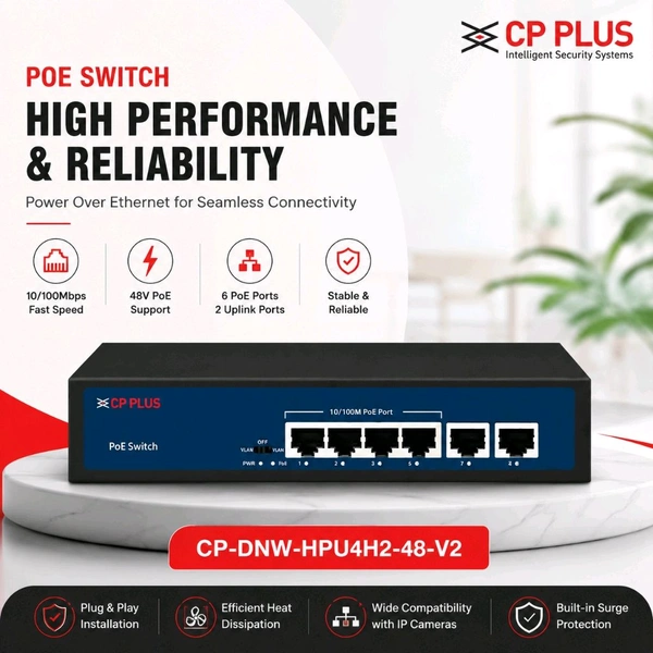 CP PLUS 6 Ports Switch with 4 PoE Ports & 2 Uplink Ports (CP-DNW-HPU4H2-48-V2)