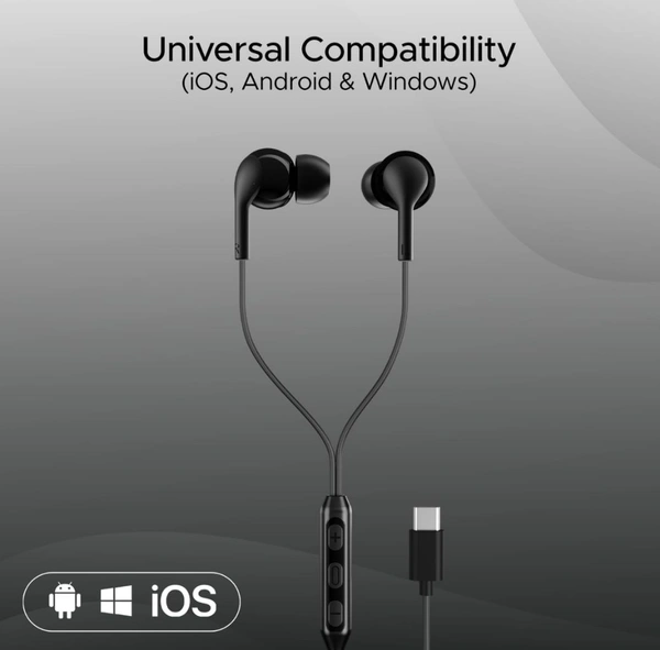 Boat Bassheads 100 C Wired Headphones Earphones with Type-C Jack, in-Line Microphone, in Ear, 10Mm Drivers, Signature Sound, Integrated Controls & Multi-Os Compatibility - Black, TYPE C