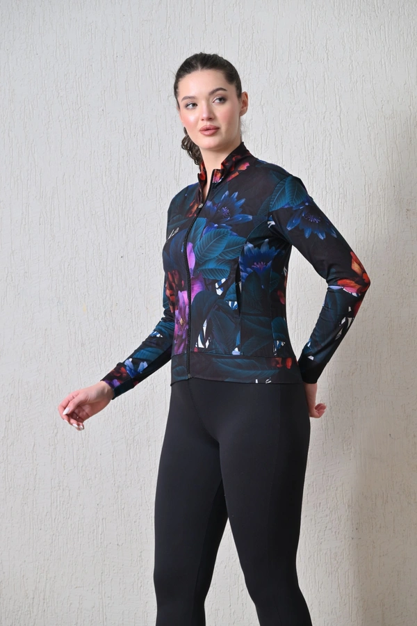 Body Smith Women Solid Full Sleeves Abstract Lotus Print Black Zipper Jacket - XL, Black