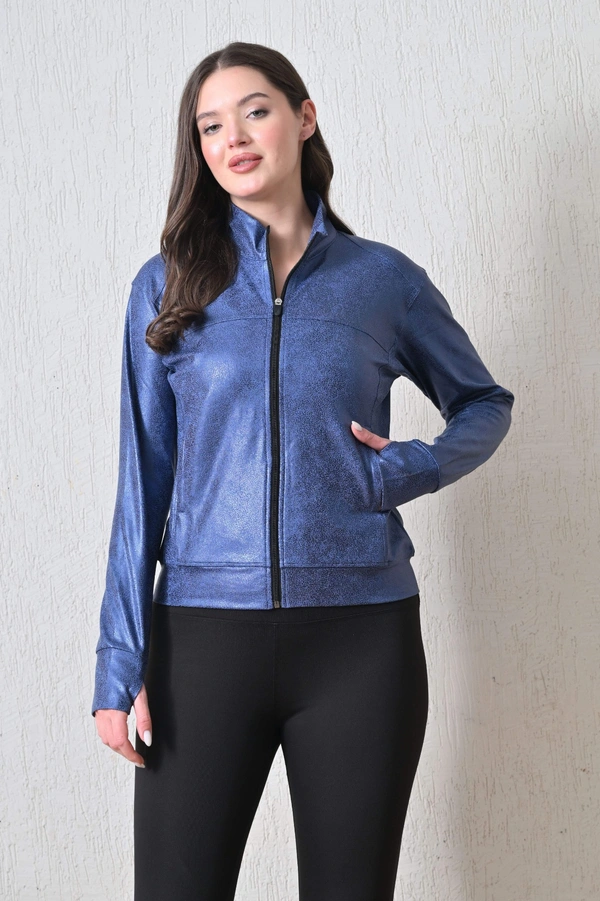 Body Smith Women Solid Full Sleeves Blue Print Black Zipper Jacket