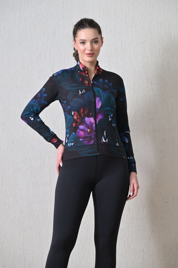 Body Smith Women Solid Full Sleeves Abstract Lotus Print Black Zipper Jacket - L, Black