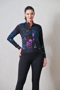 Body Smith Women Solid Full Sleeves Abstract Lotus Print Black Zipper Jacket - XL, Black