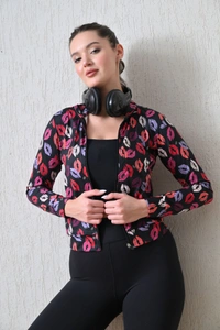 Body Smith Women Solid Full Sleeves Abstract Kiss Print Black Zipper Jacket - L, Black