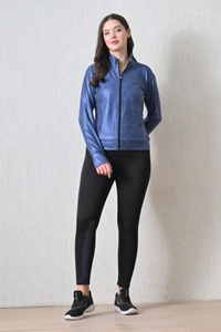 Body Smith Women Solid Full Sleeves Blue Print Black Zipper Jacket - XL, Blue