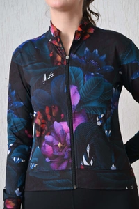 Body Smith Women Solid Full Sleeves Abstract Lotus Print Black Zipper Jacket - L, Black