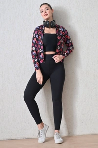 Body Smith Women Solid Full Sleeves Abstract Kiss Print Black Zipper Jacket - L, Black