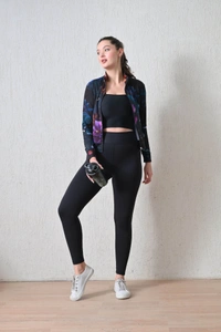 Body Smith Women Solid Full Sleeves Abstract Lotus Print Black Zipper Jacket - XL, Black