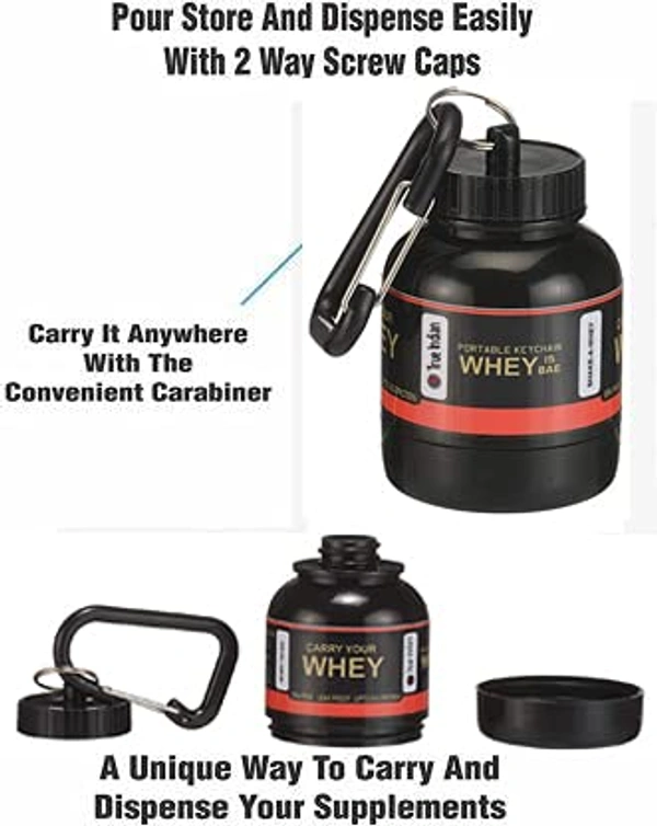 Body Smith Portable Protein or Supplement Powder Carrying Funnel and Container with Key-Chain |Carry Single serving protein supplement Upto 33 grams - Black, One Size