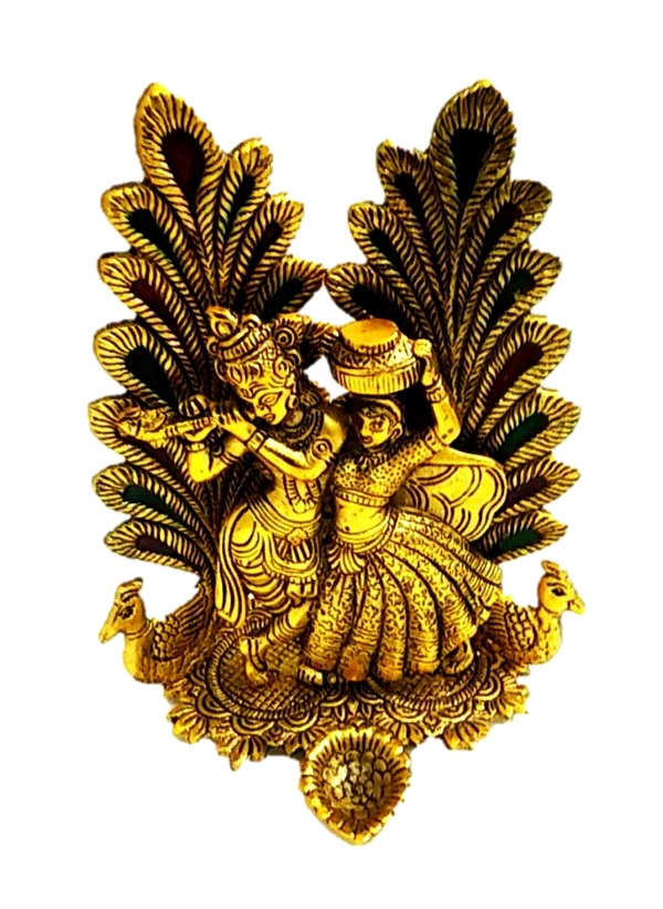PJH More / Peacock Radha Krishna  - White Metal (Aluminium), Box, Golden