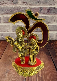PJH Radha Krishna With Om - L  6  X  B 3.5  X H 7.5 Inch., White Metal (Aluminium), 322 Gms., Box, Golden