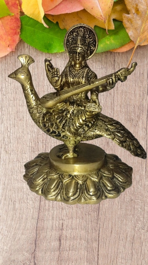 PJH 7" Saraswati Statue, Brass Saraswati Sitting ON Peacock - Hindu Goddess of Knowledge Sculpture, Best for Housewarming Wedding Gifts - Brass, 1550 gms.