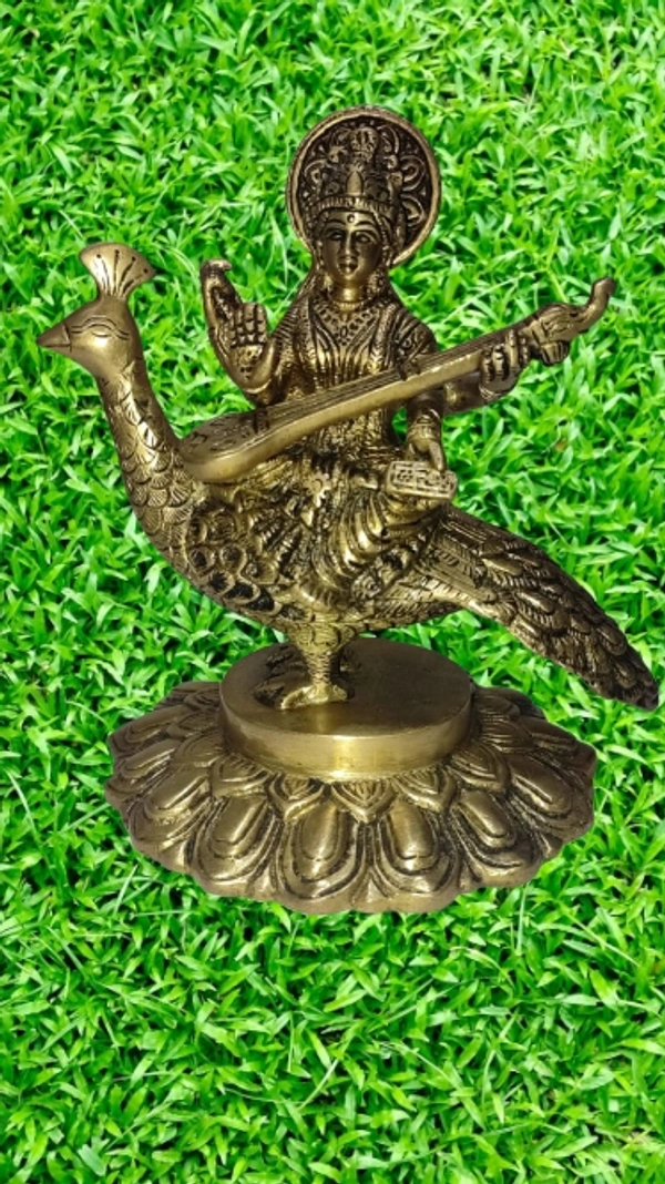 PJH 7" Saraswati Statue, Brass Saraswati Sitting ON Peacock - Hindu Goddess of Knowledge Sculpture, Best for Housewarming Wedding Gifts - Brass, 1550 gms.
