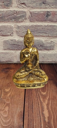 PJH Blessing Buddha  - 7 × 4.5 × 3 Inches., White Metal, 370 Gms., Golden