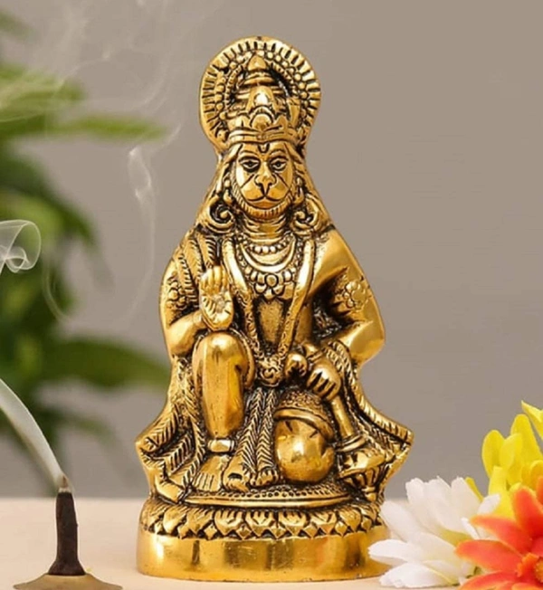 PJH Blessing Hanuman  - 3 × 3 × 6.5 Inches., White Metal (Aluminium), Box, Golden