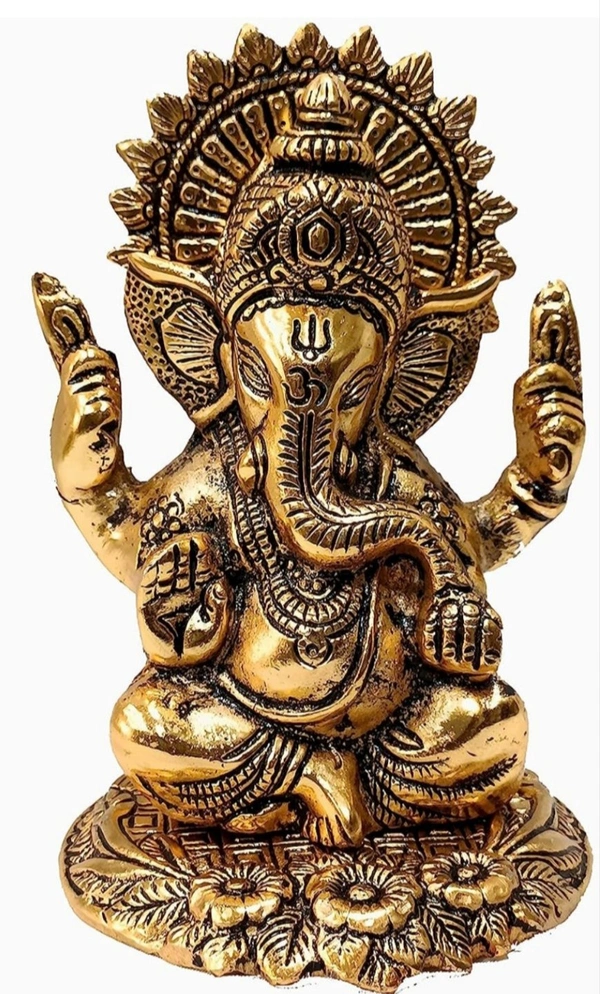 PJH Ganesh (With Chakra) - White Metal (Aluminium), Box, Golden