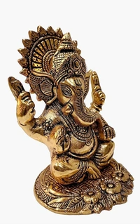 PJH Ganesh (With Chakra) - White Metal (Aluminium), Box, Golden