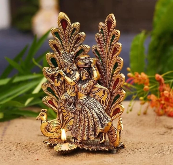 PJH More / Peacock Radha Krishna  - White Metal (Aluminium), Box, Golden