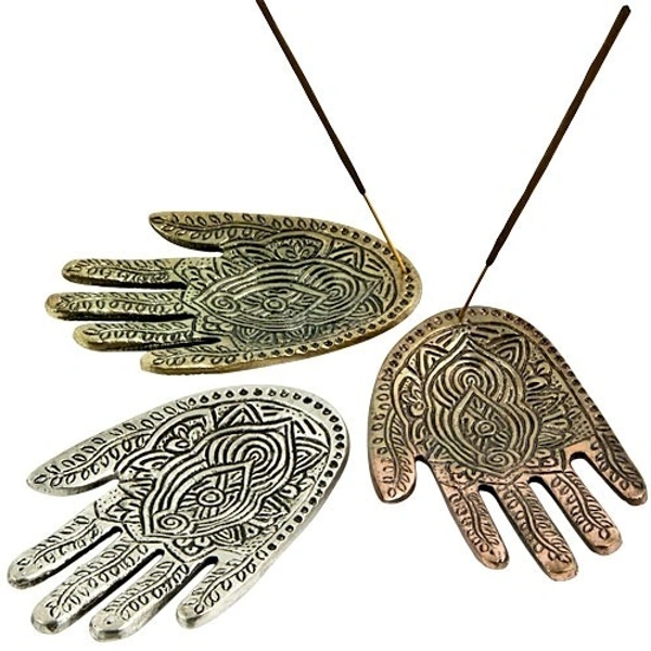 PJH White Metal Hamsa Hand Incense Burner Set - 5"L, 3.5"W, Pack of 3 Pieces - Aluminium, Box