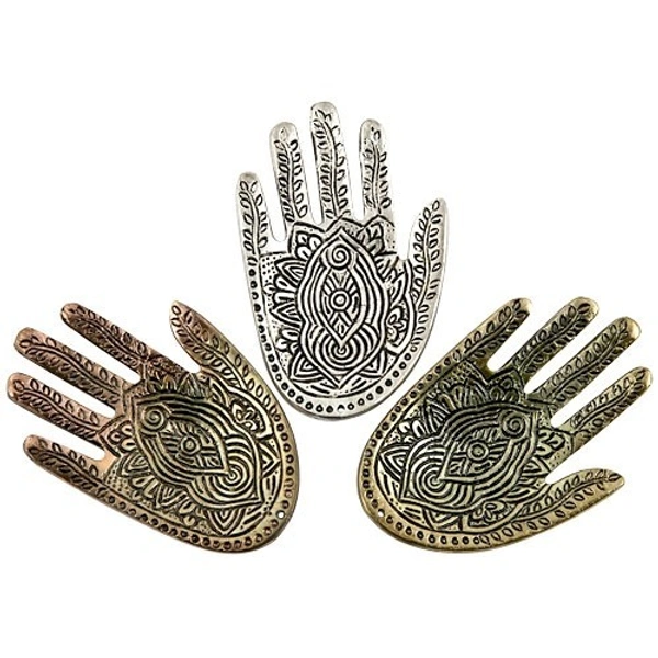 PJH White Metal Hamsa Hand Incense Burner Set - 5"L, 3.5"W, Pack of 3 Pieces - Aluminium, Box