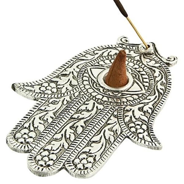 PJH  White Metal Hamsa Hand Incense Stick/Cone Burner - 5.5"L, 4"W, Pack  of 2 Pieces - Aluminium, Box