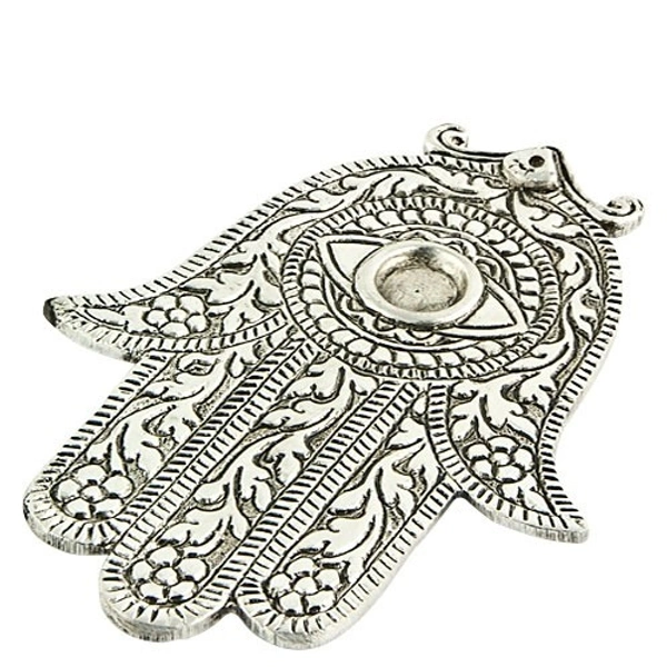PJH  White Metal Hamsa Hand Incense Stick/Cone Burner - 5.5"L, 4"W, Pack  of 2 Pieces - Aluminium, Box